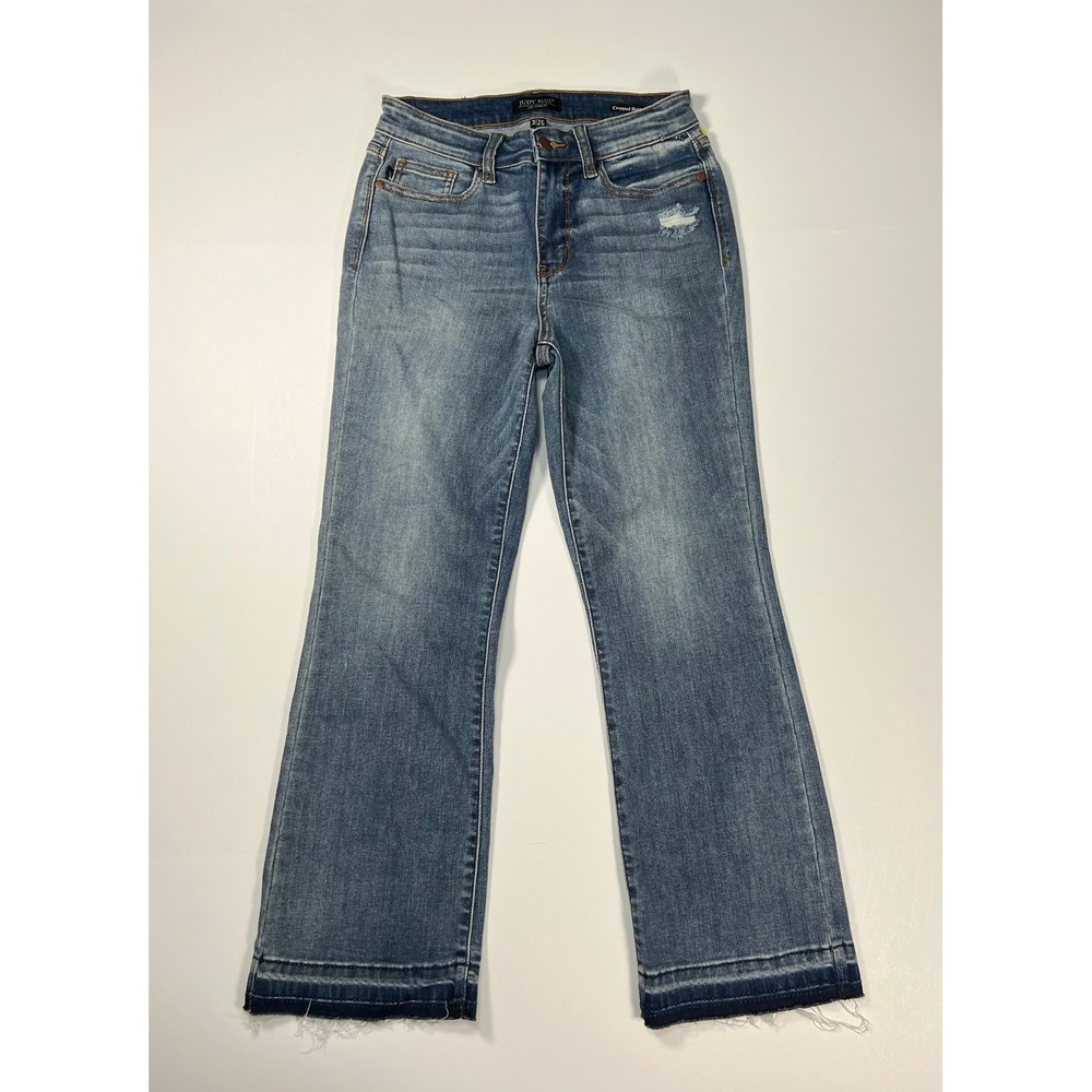 Judy Blue Cropped Boot Jeans Womens 3/26 Blue Distressed Raw Hem Stretch
